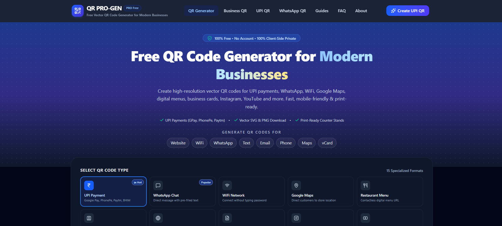 QR PRO-GEN – Free Multi-Purpose QR Code Generator Website | UPI, WhatsApp, WiFi, Maps & Custom Logo QR
