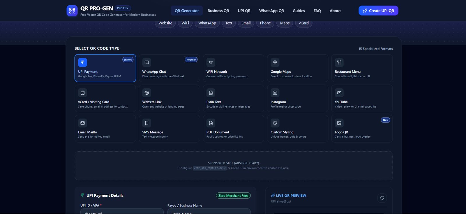 QR PRO-GEN – Free Multi-Purpose QR Code Generator Website | UPI, WhatsApp, WiFi, Maps & Custom Logo QR