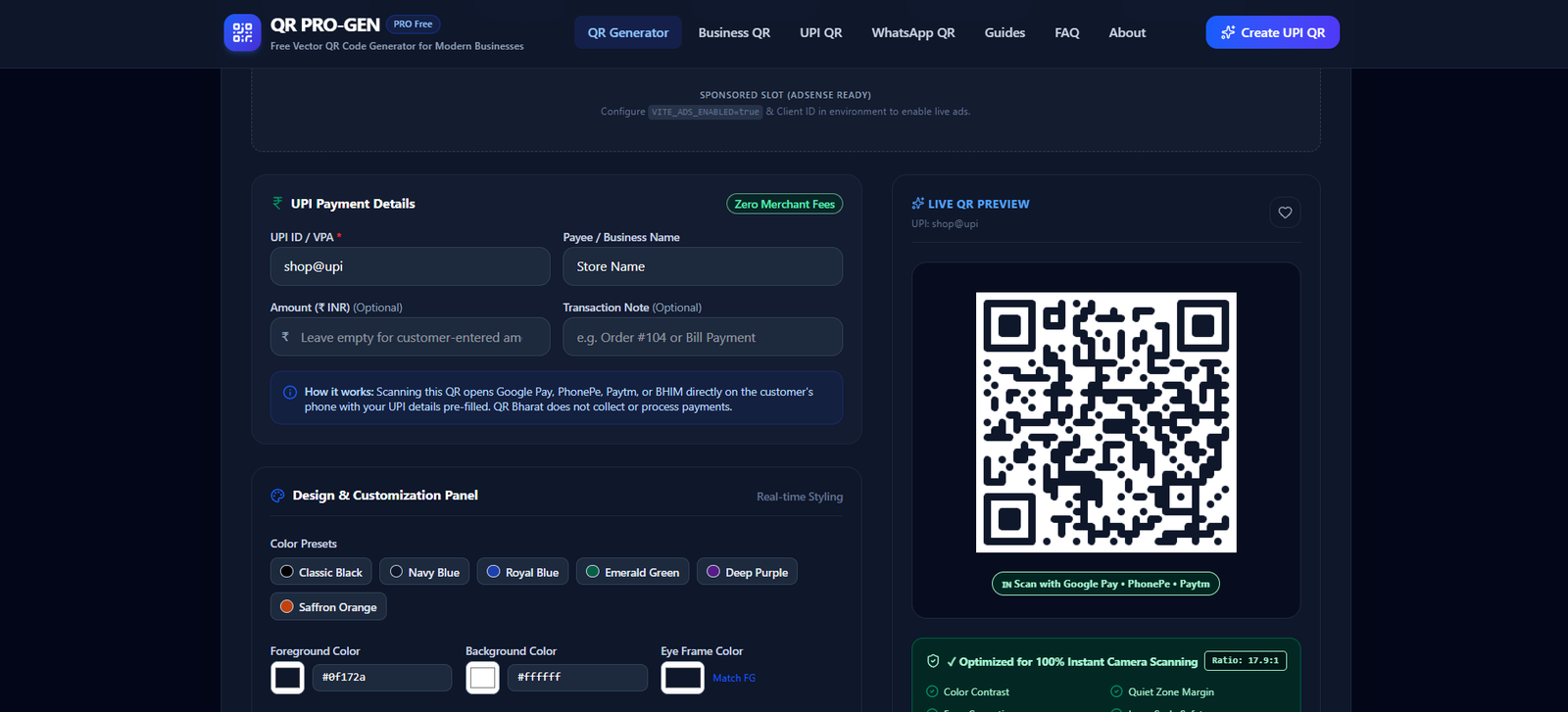 QR PRO-GEN – Free Multi-Purpose QR Code Generator Website | UPI, WhatsApp, WiFi, Maps & Custom Logo QR